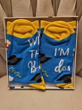 Graduation Novelty Crew Socks - Blue & Yellow With the Box NEW